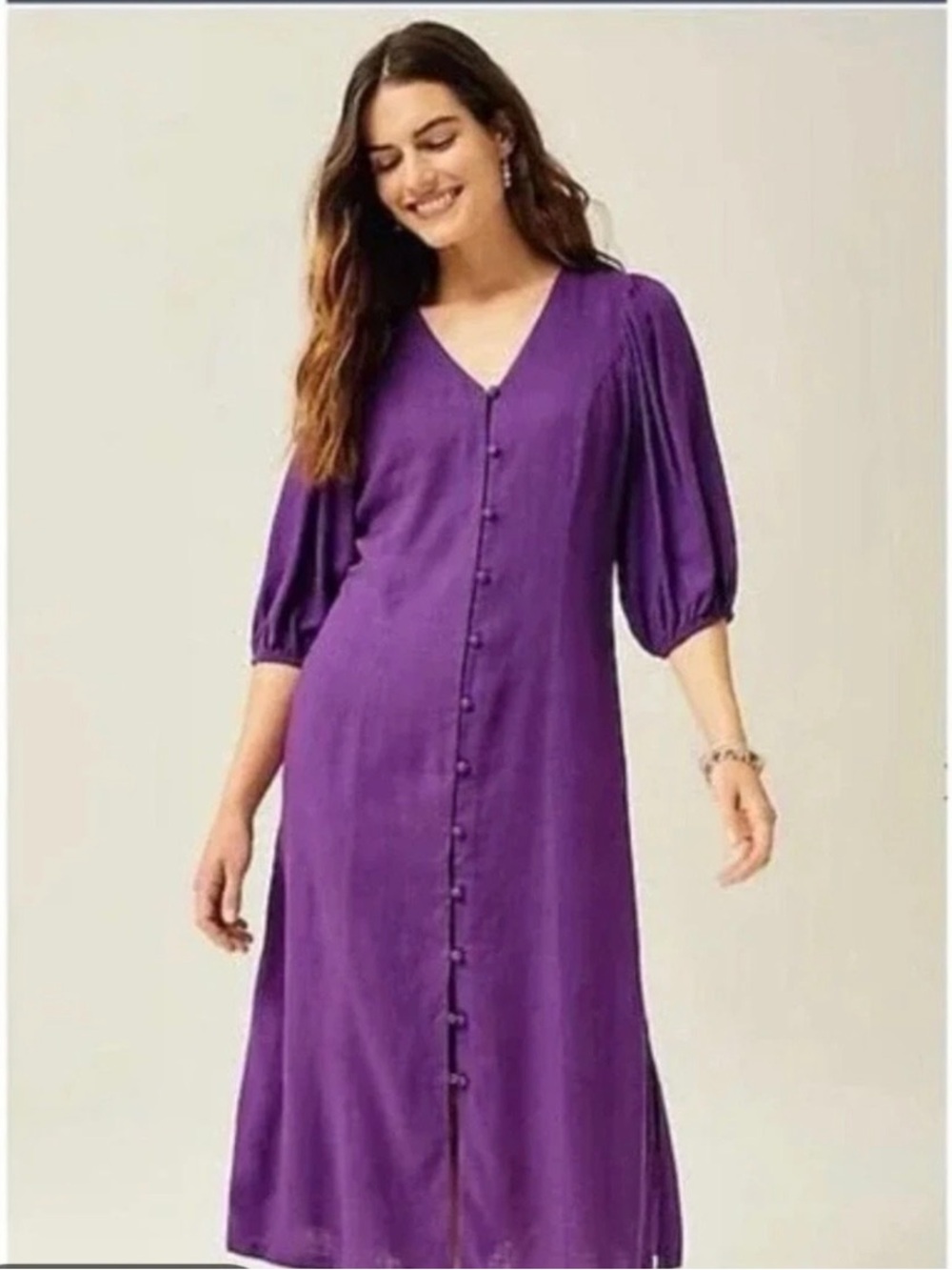 J. Jill Purple V-Neck Button-Front Midi Dress with Puff Sleeves Size XS Petite